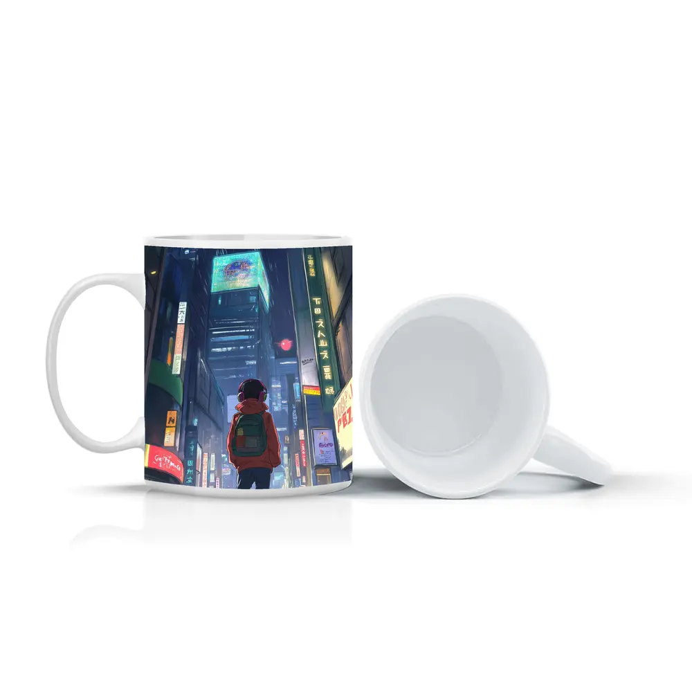 Anime Boy Rainy Neon City Night – Mugs