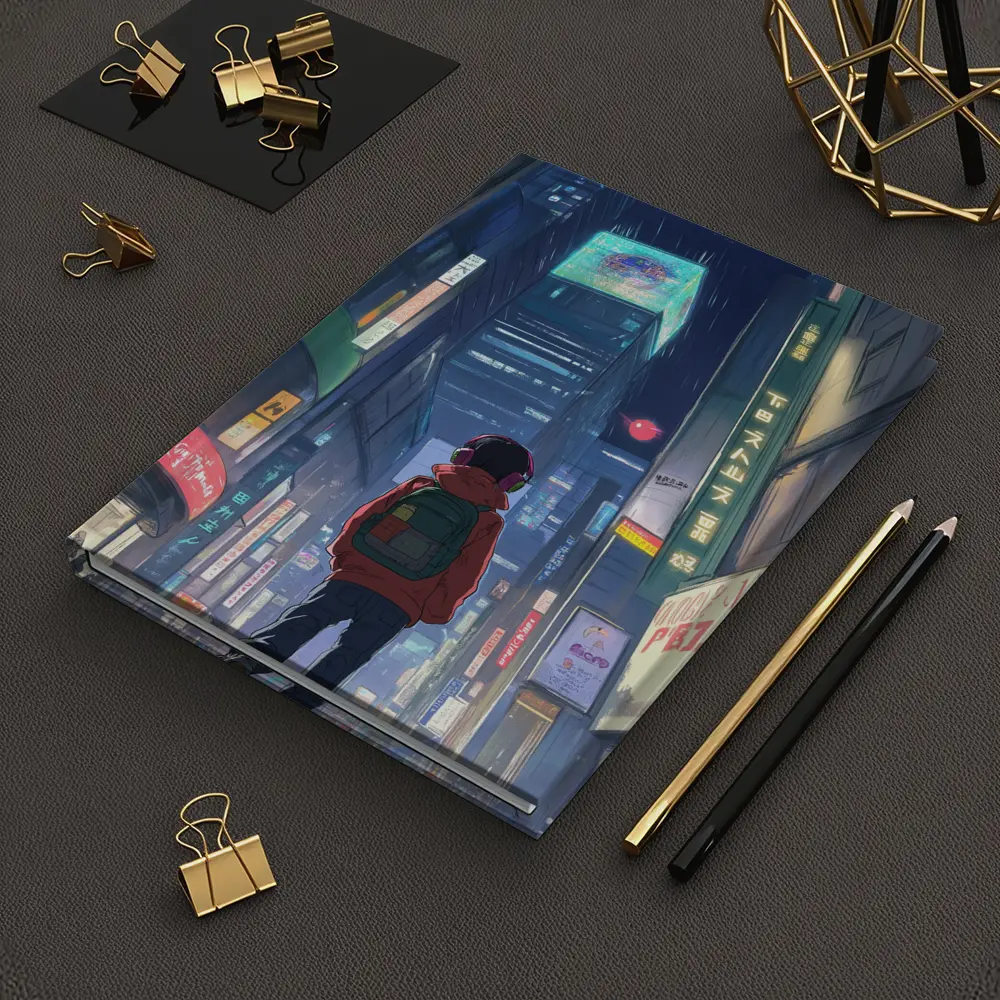 Anime Boy Rainy Neon City Night – Notebooks