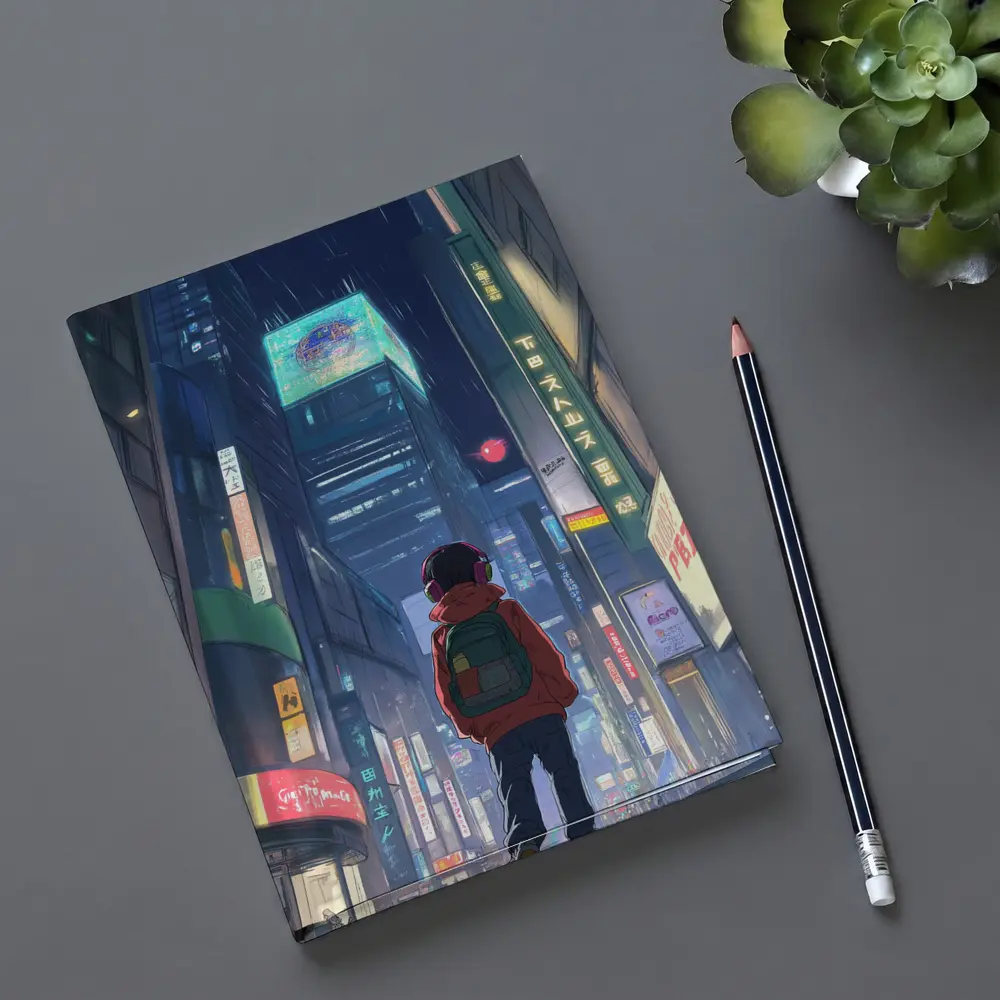 Anime Boy Rainy Neon City Night – Notebooks