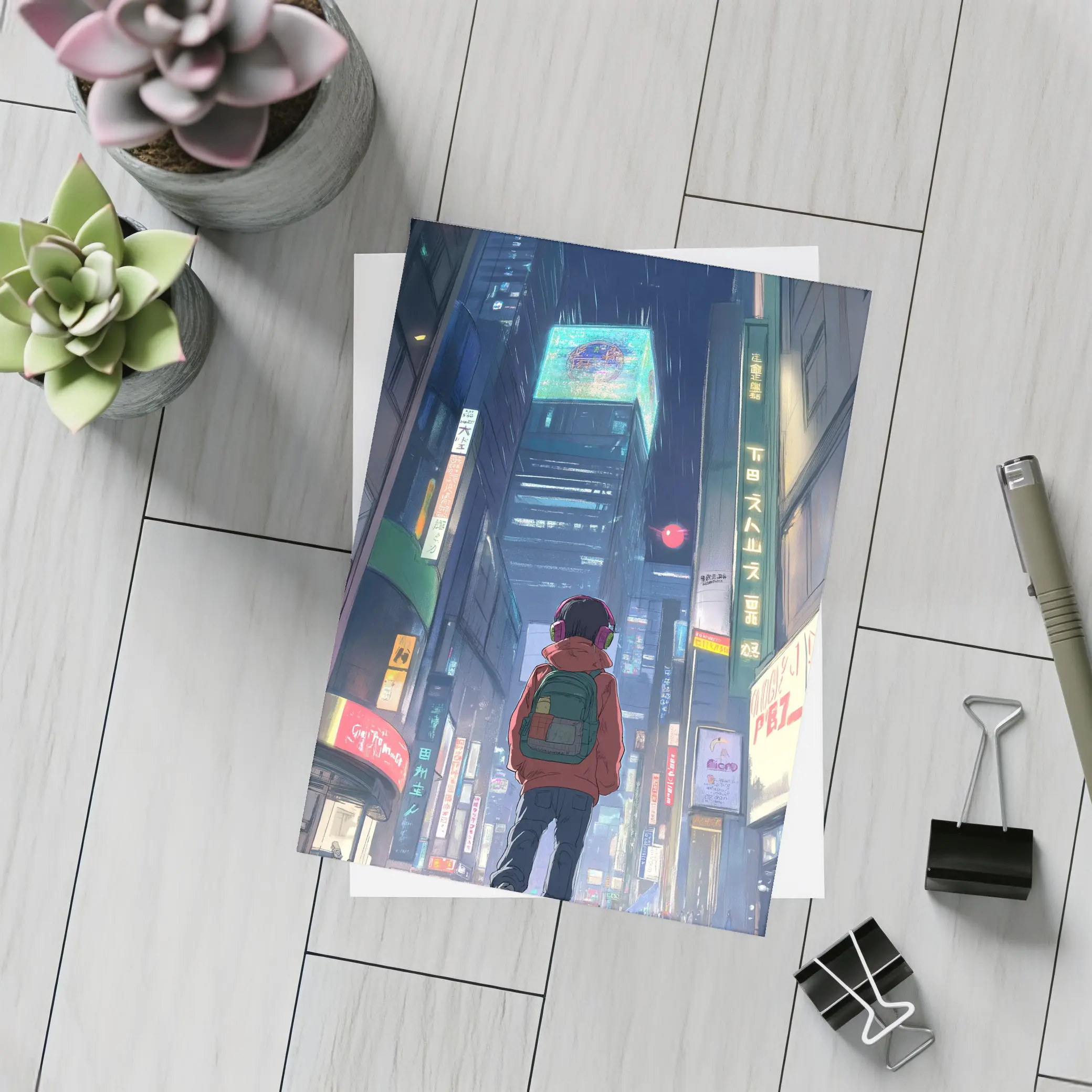 Anime Boy Rainy Neon City Night – Postcards