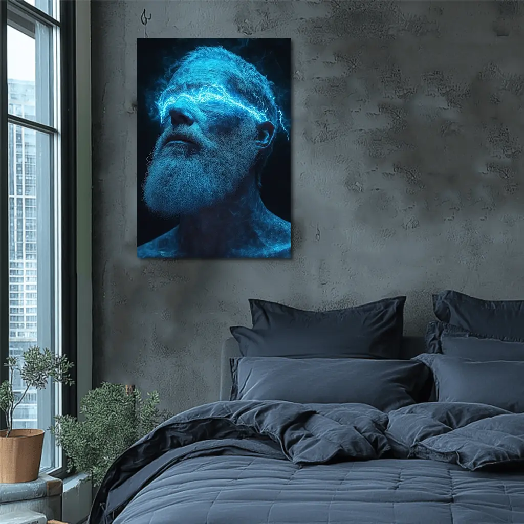 Bearded Man Blue Lightning Neon Portrait – Wall Art