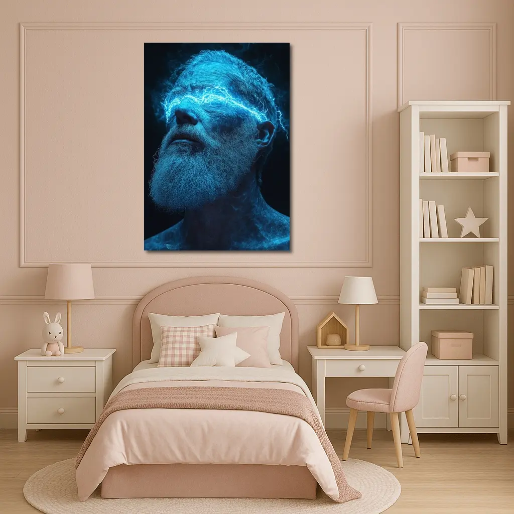 Bearded Man Blue Lightning Neon Portrait – Wall Art