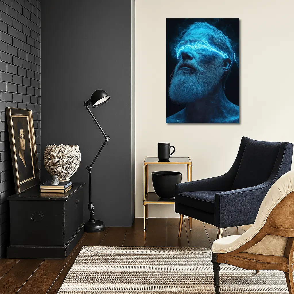 Bearded Man Blue Lightning Neon Portrait – Wall Art