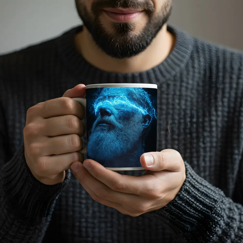Bearded Man Blue Lightning Neon Portrait – Mugs