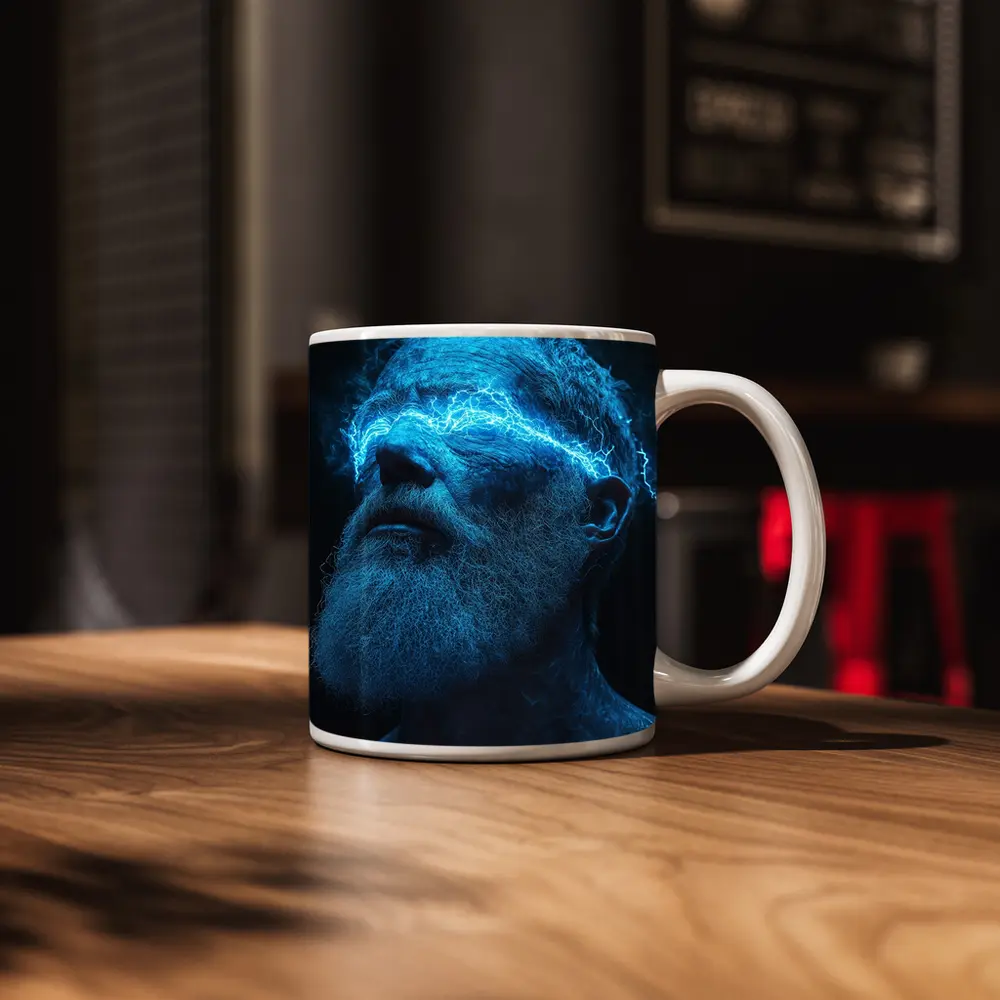 Bearded Man Blue Lightning Neon Portrait – Mugs