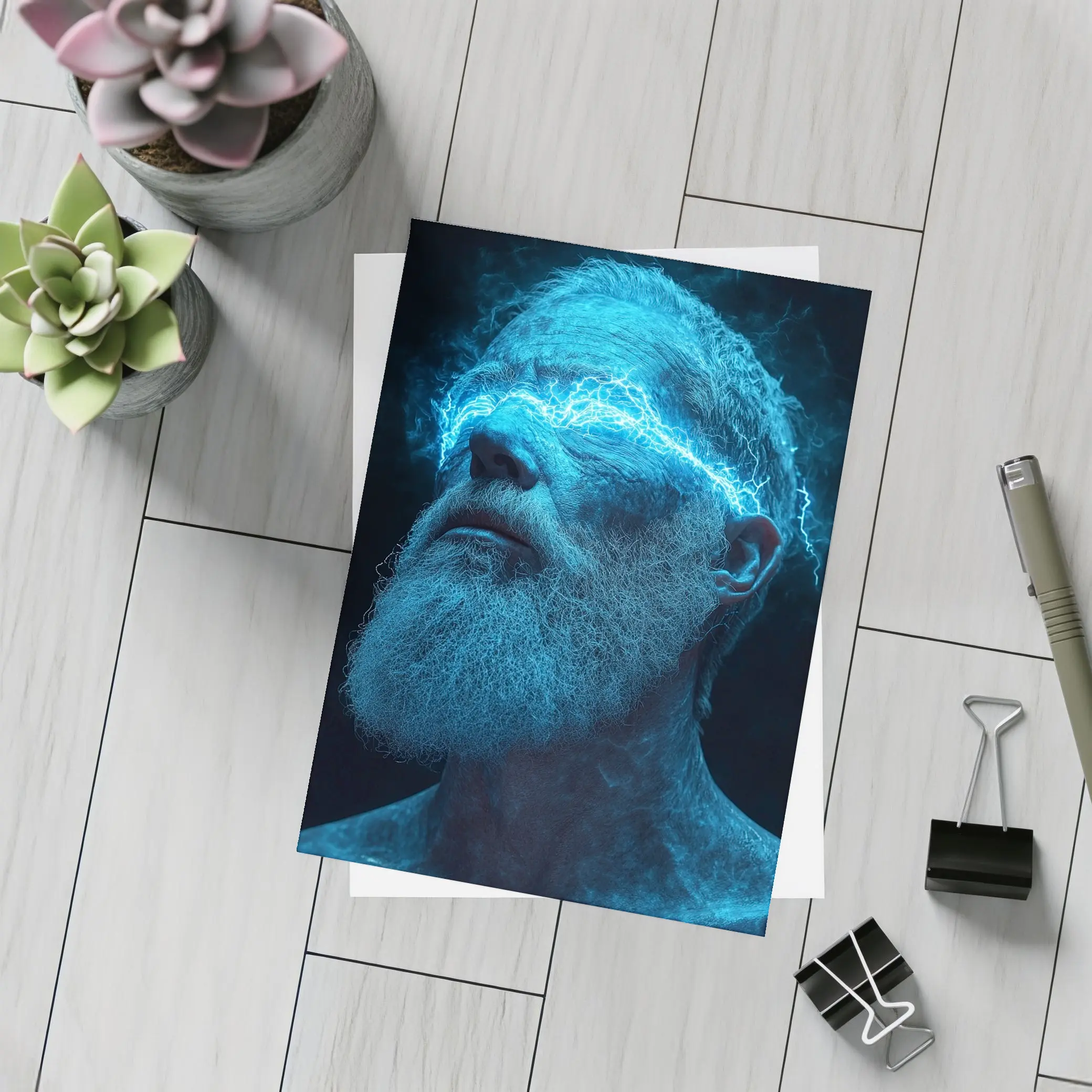 Bearded Man Blue Lightning Neon Portrait – Postcards