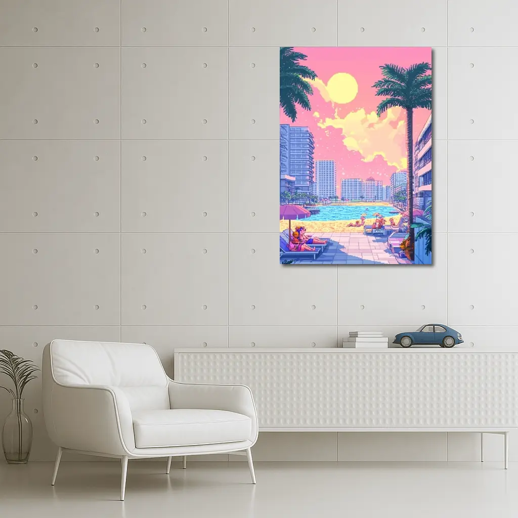 Pixel Art Miami Beach Pool Sunset Scene – Wall Art