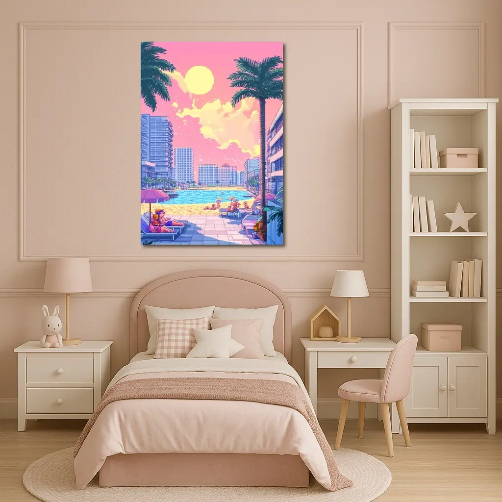 Pixel Art Miami Beach Pool Sunset Scene – Wall Art