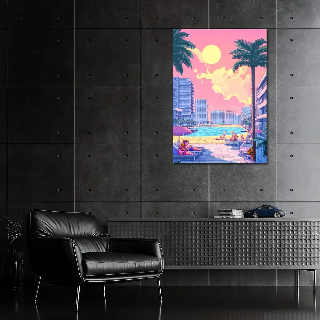 Pixel Art Miami Beach Pool Sunset Scene – Wall Art
