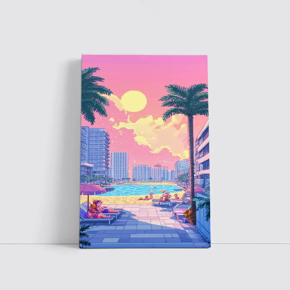 Pixel Art Miami Beach Pool Sunset Scene – Wall Art