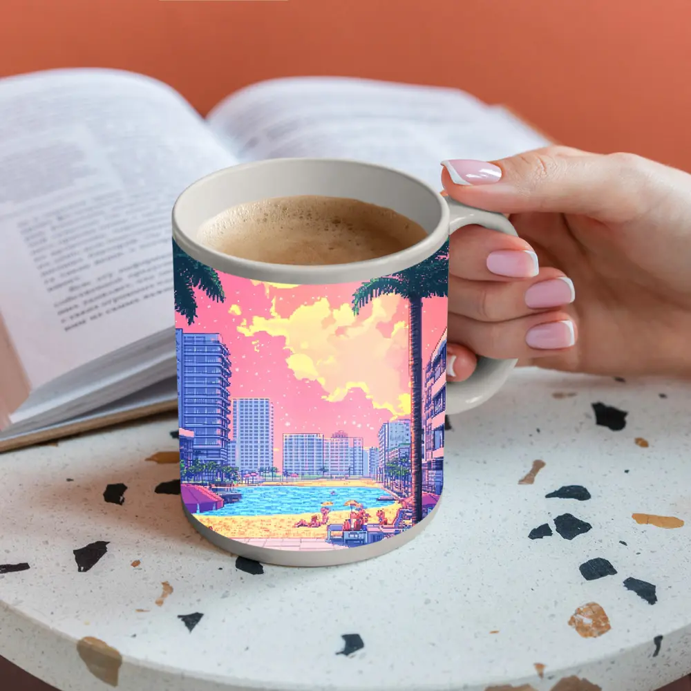 Pixel Art Miami Beach Pool Sunset Scene – Mugs