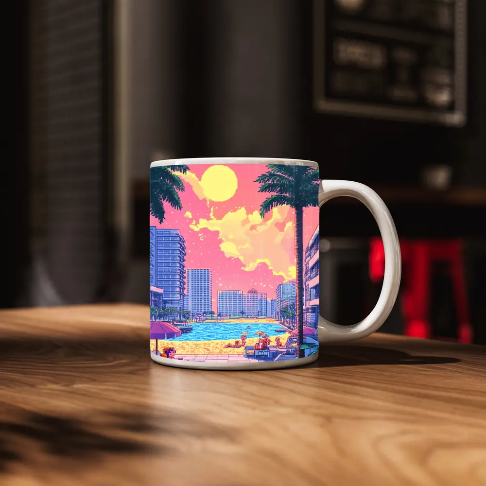 Pixel Art Miami Beach Pool Sunset Scene – Mugs