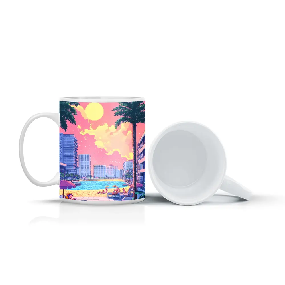 Pixel Art Miami Beach Pool Sunset Scene – Mugs