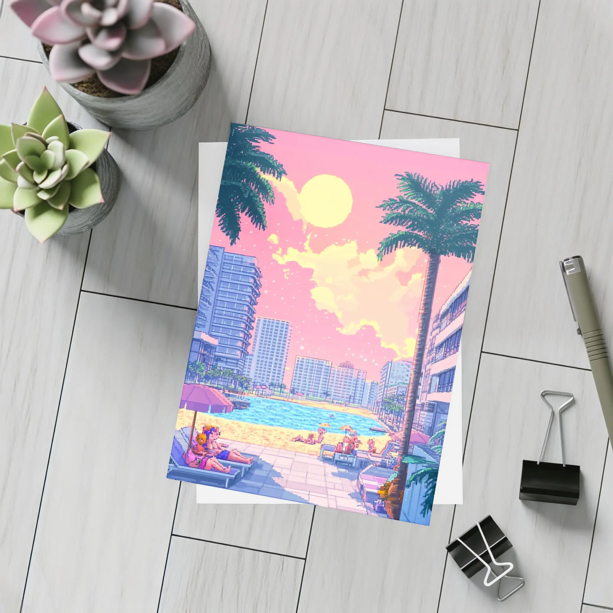Pixel Art Miami Beach Pool Sunset Scene – Postcards