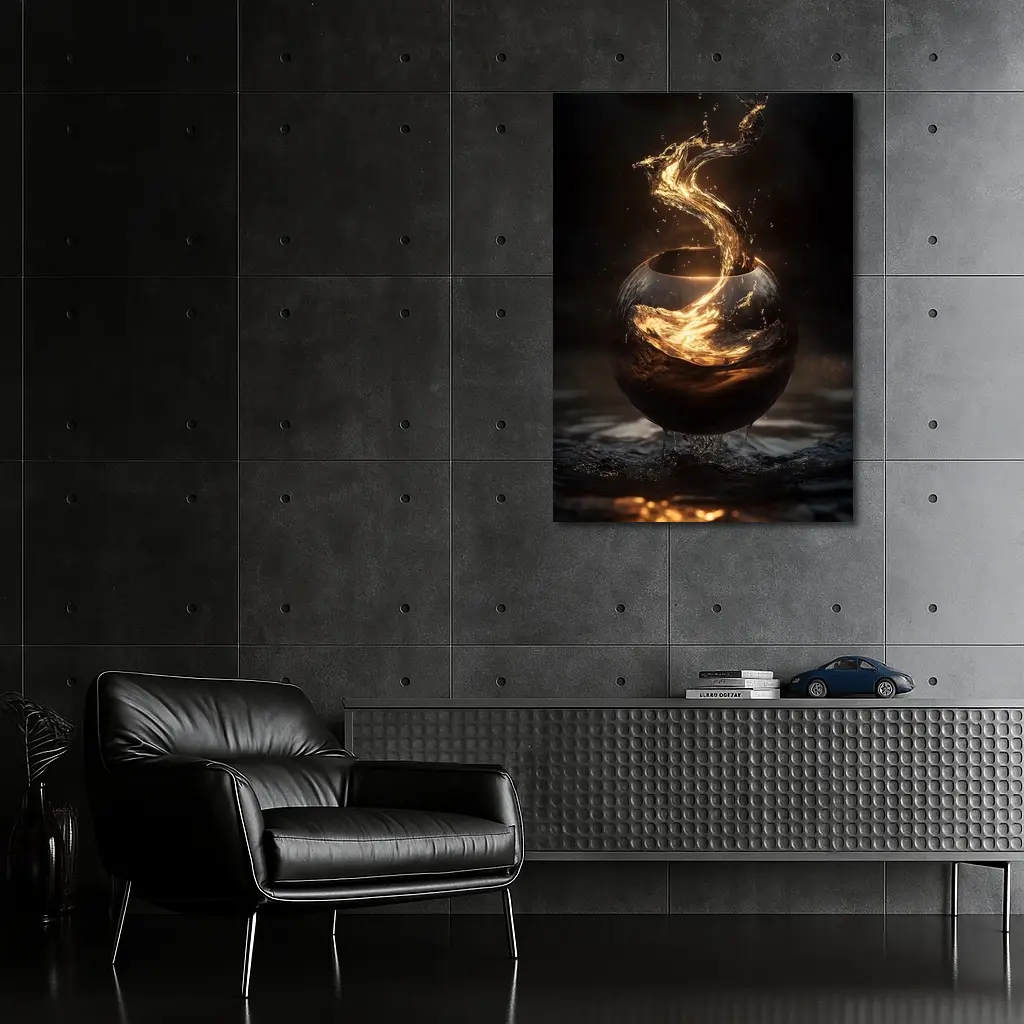 Golden Liquid Splash Dark Sphere Abstract – Wall Art