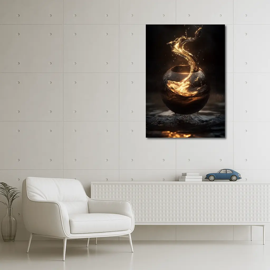 Golden Liquid Splash Dark Sphere Abstract – Wall Art