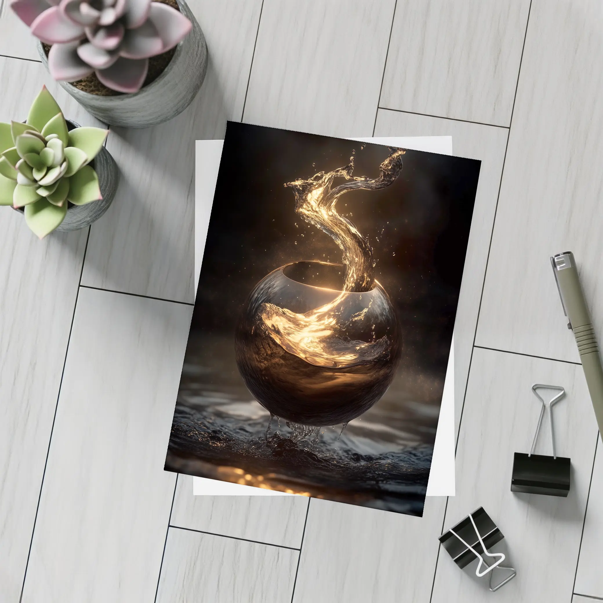 Golden Liquid Splash Dark Sphere Abstract – Postcards