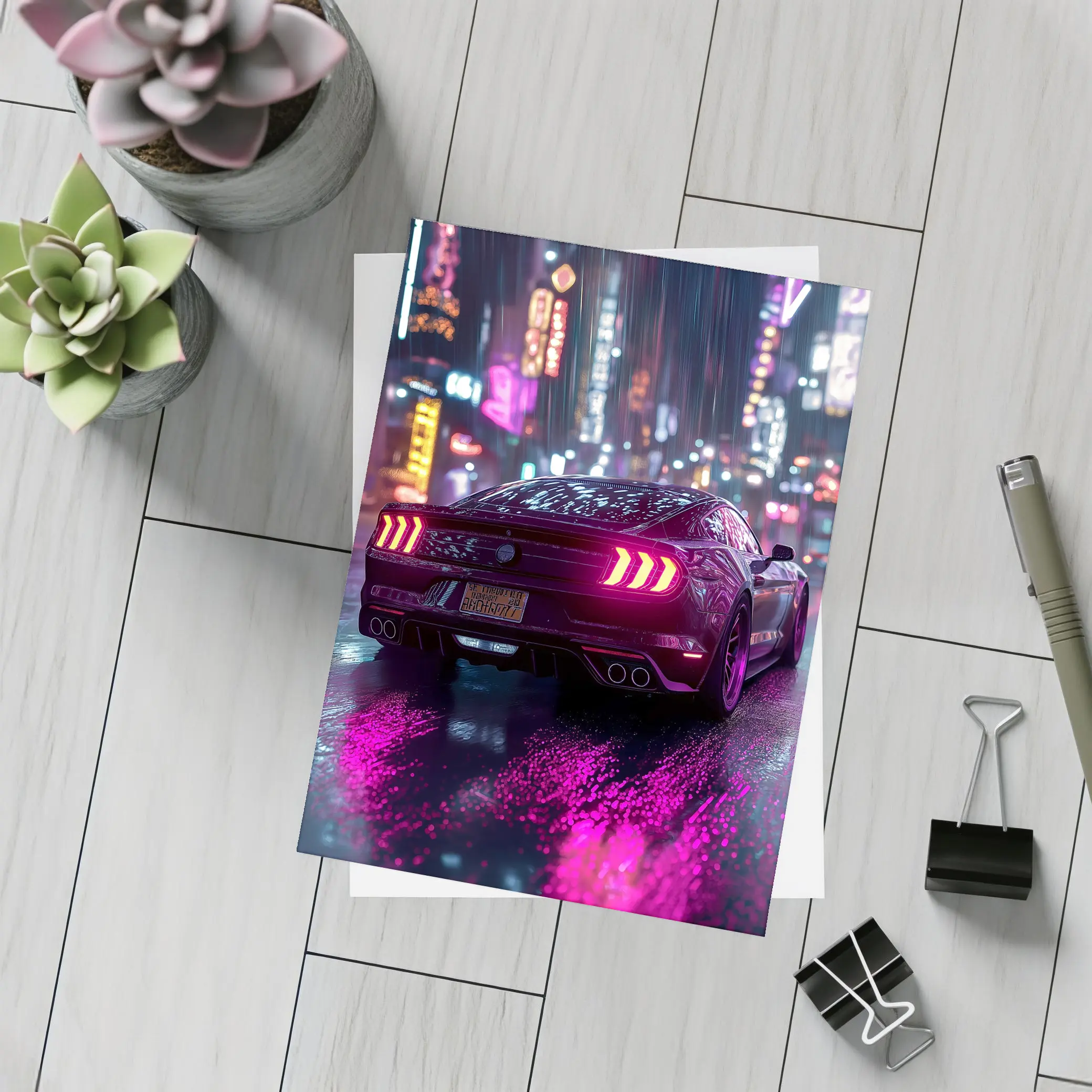 Ford Mustang Neon City Rainy Night – Postcards