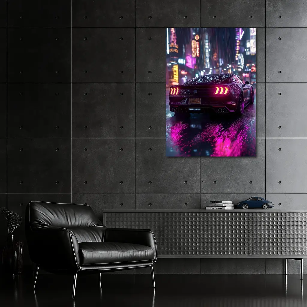 Ford Mustang Neon City Rainy Night – Wall Art