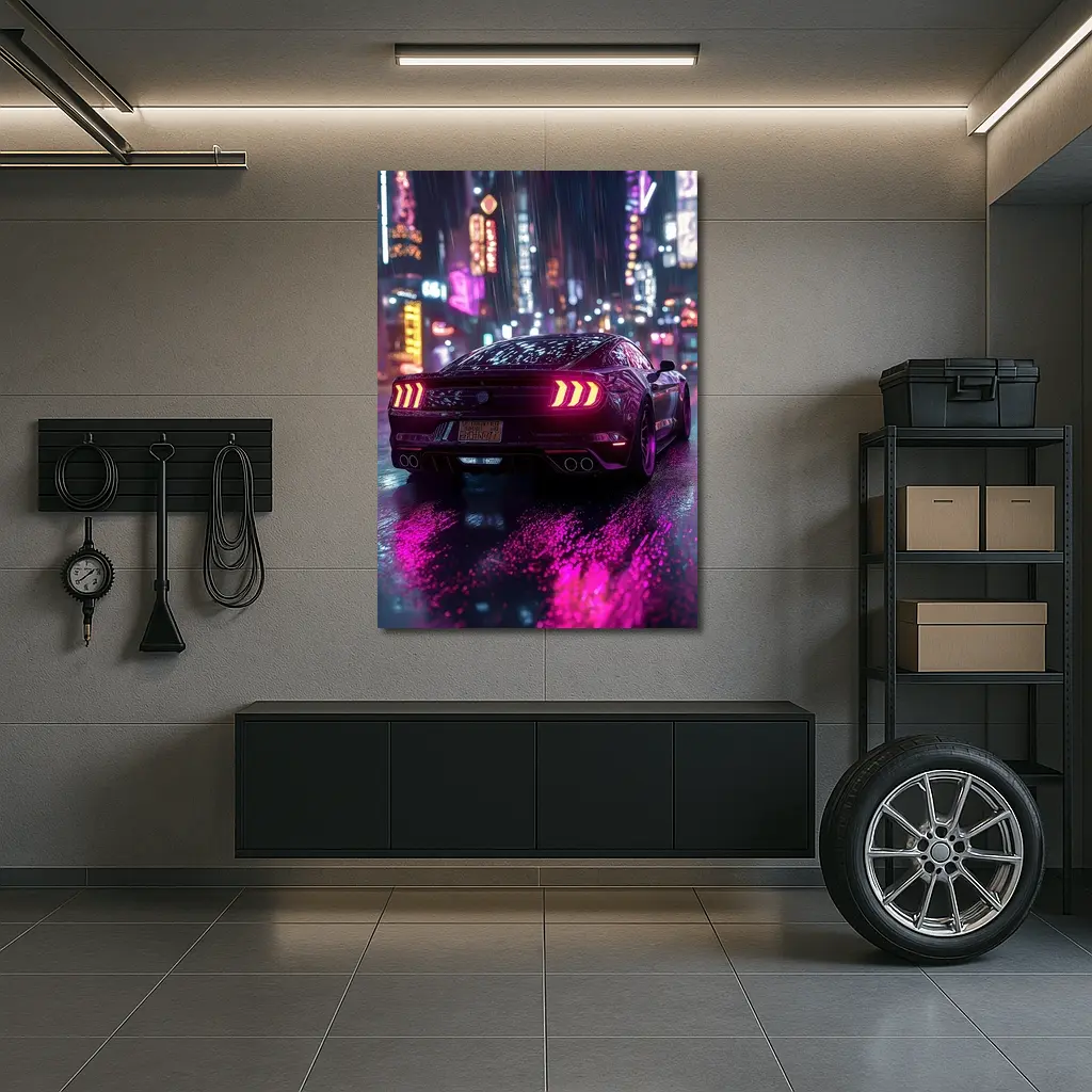 Ford Mustang Neon City Rainy Night – Wall Art