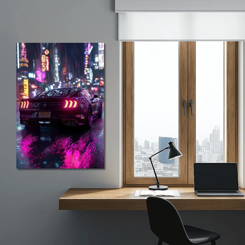 Ford Mustang Neon City Rainy Night – Wall Art