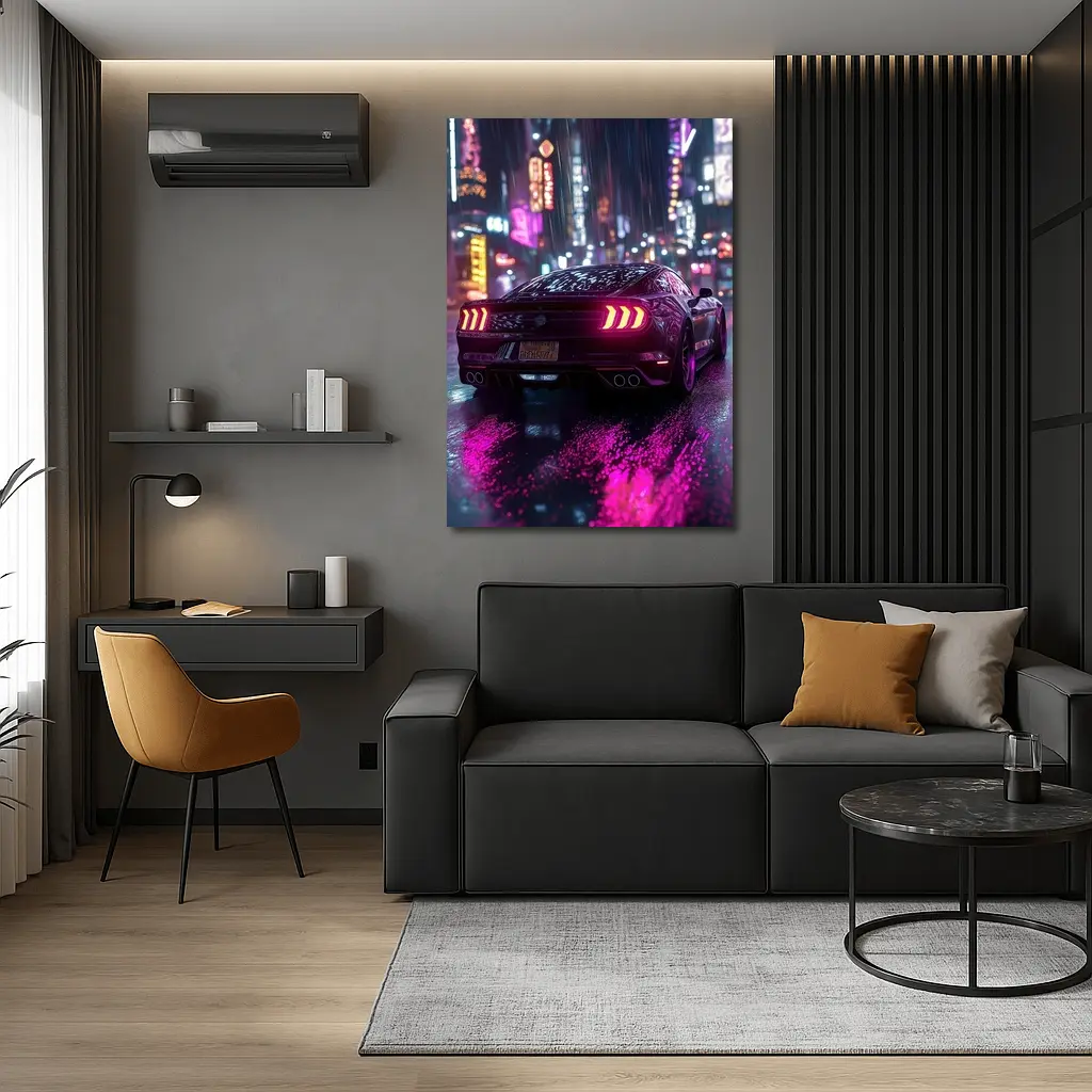 Ford Mustang Neon City Rainy Night – Wall Art