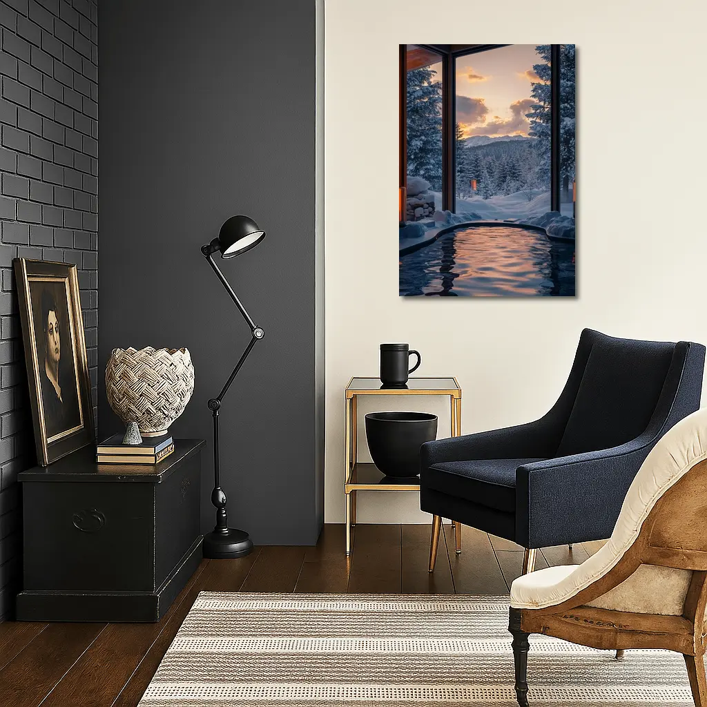 Indoor Hot Spring Pool Snowy Forest Sunset – Wall Art