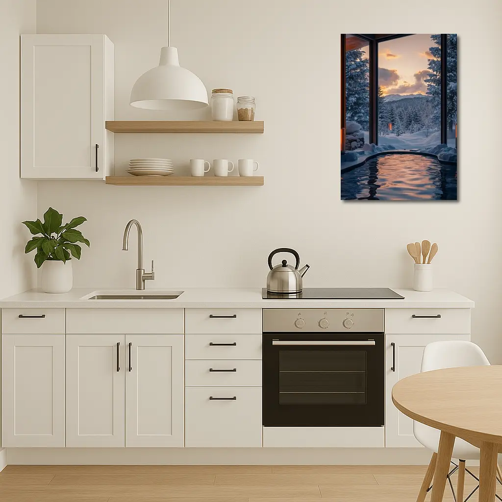 Indoor Hot Spring Pool Snowy Forest Sunset – Wall Art