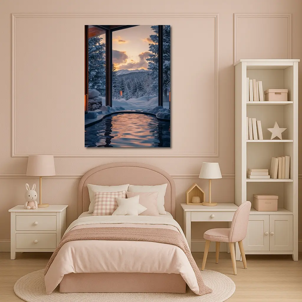 Indoor Hot Spring Pool Snowy Forest Sunset – Wall Art