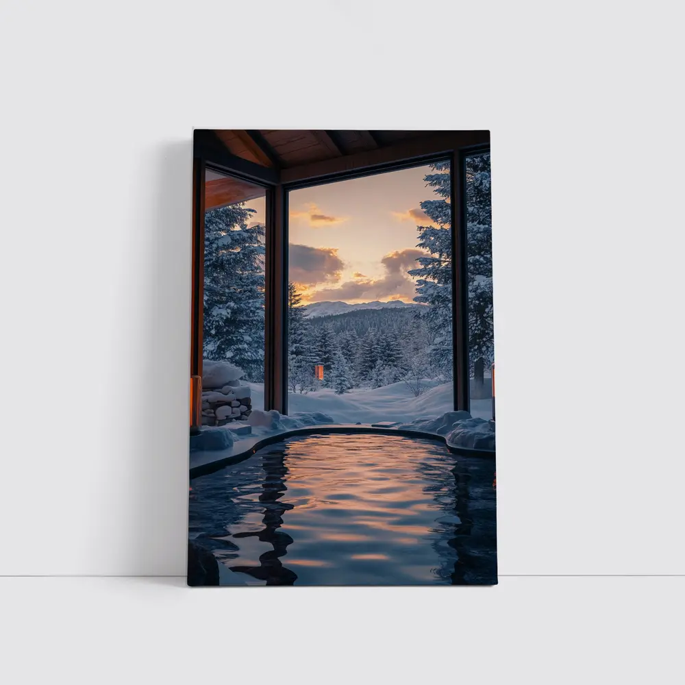 Indoor Hot Spring Pool Snowy Forest Sunset – Wall Art