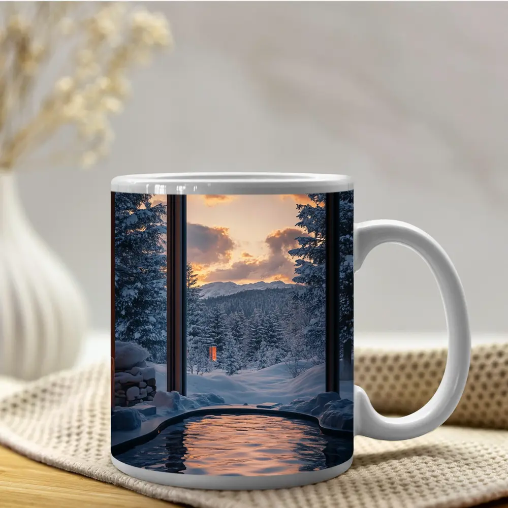 Indoor Hot Spring Pool Snowy Forest Sunset – Mugs