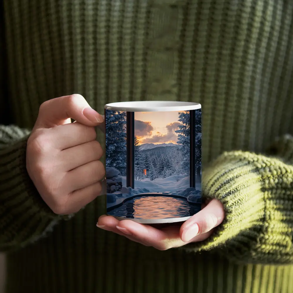 Indoor Hot Spring Pool Snowy Forest Sunset – Mugs