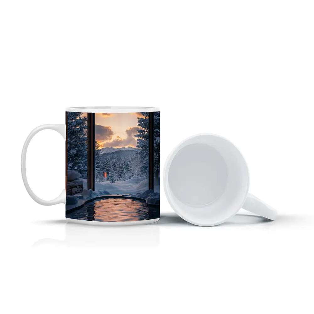 Indoor Hot Spring Pool Snowy Forest Sunset – Mugs
