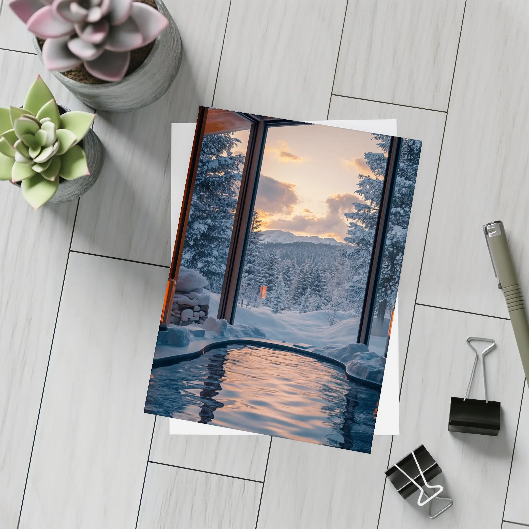 Indoor Hot Spring Pool Snowy Forest Sunset – Postcards