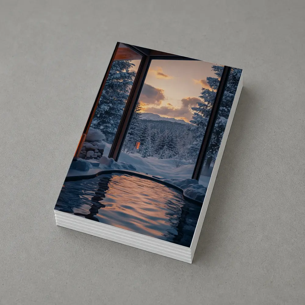Indoor Hot Spring Pool Snowy Forest Sunset – Postcards