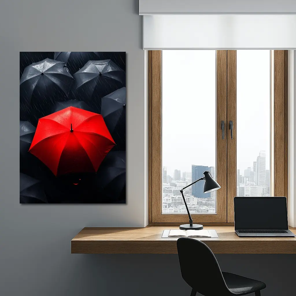 Red Umbrella Standing Out Among Black Umbrellas – Wall Art