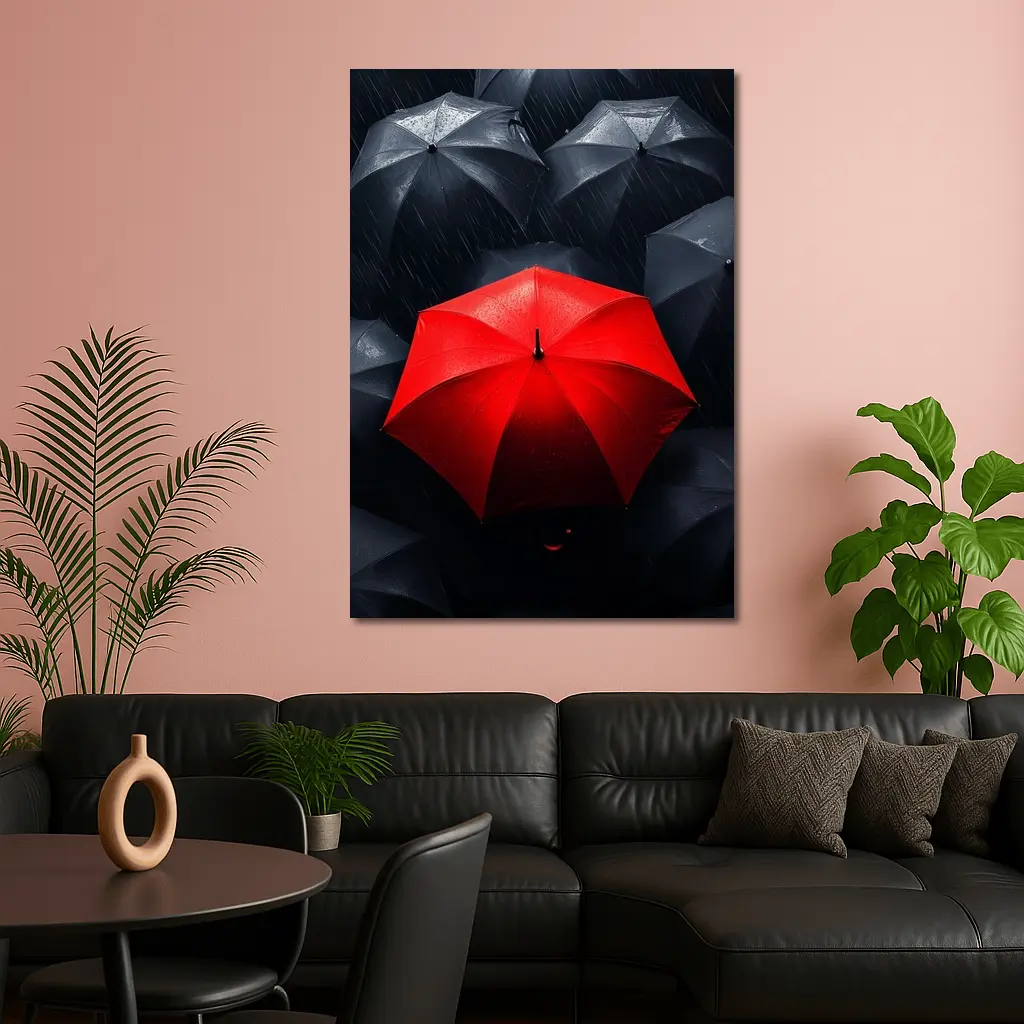 Red Umbrella Standing Out Among Black Umbrellas – Wall Art