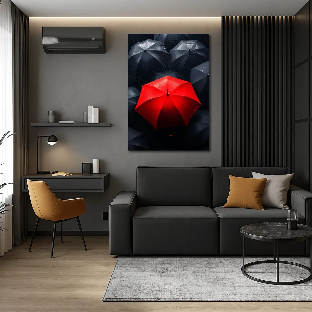 Red Umbrella Standing Out Among Black Umbrellas – Wall Art
