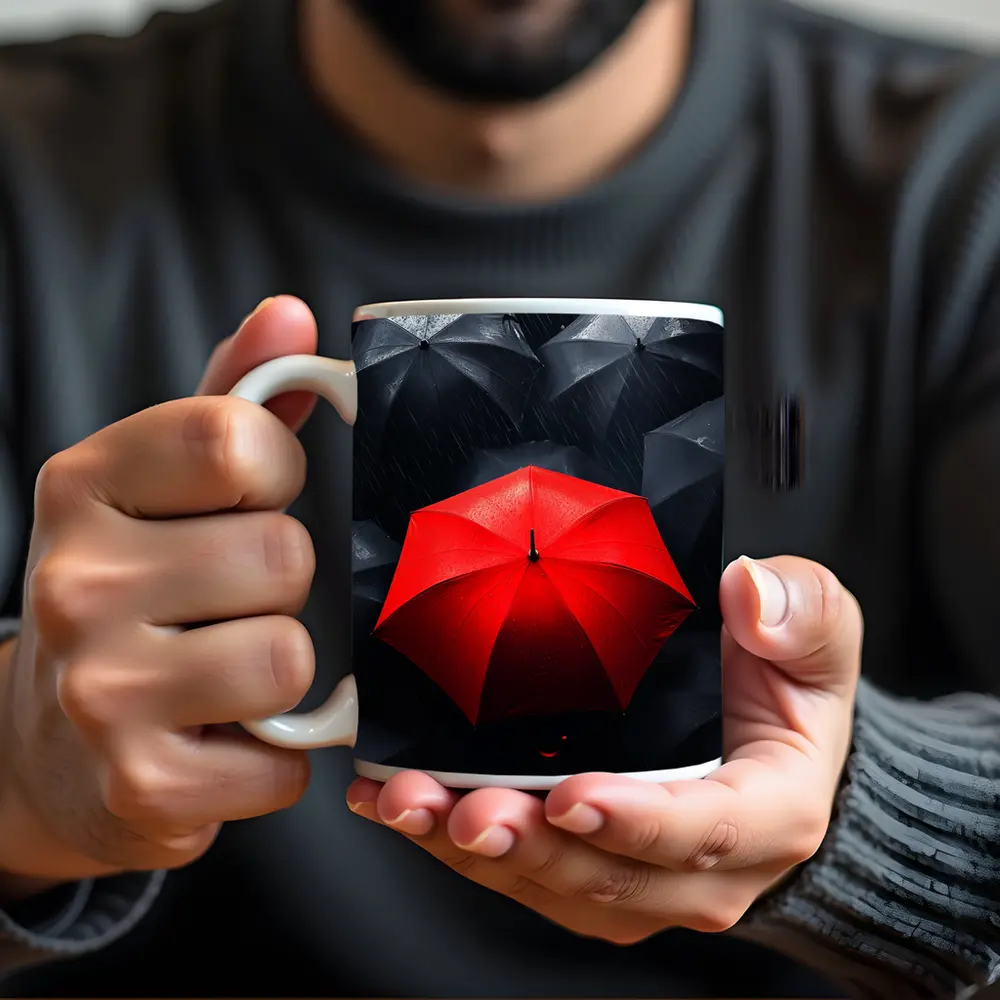 Red Umbrella Standing Out Among Black Umbrellas – Mugs