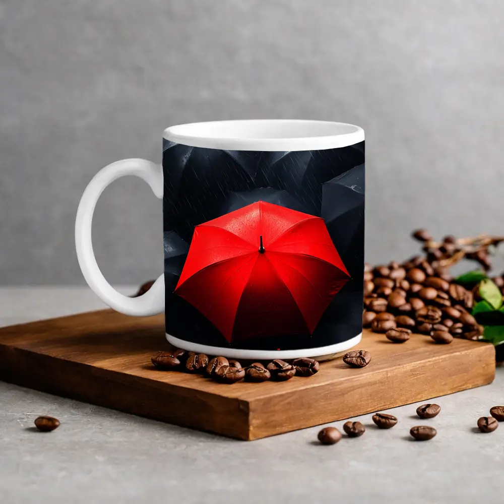 Red Umbrella Standing Out Among Black Umbrellas – Mugs