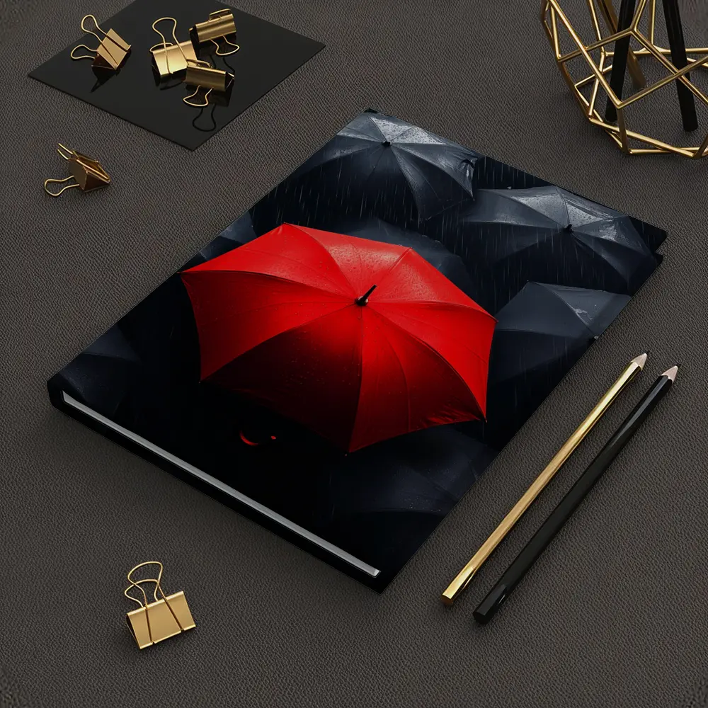 Red Umbrella Standing Out Among Black Umbrellas – Notebooks