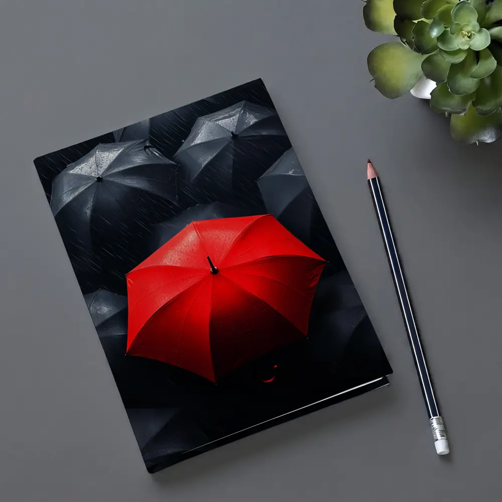 Red Umbrella Standing Out Among Black Umbrellas – Notebooks
