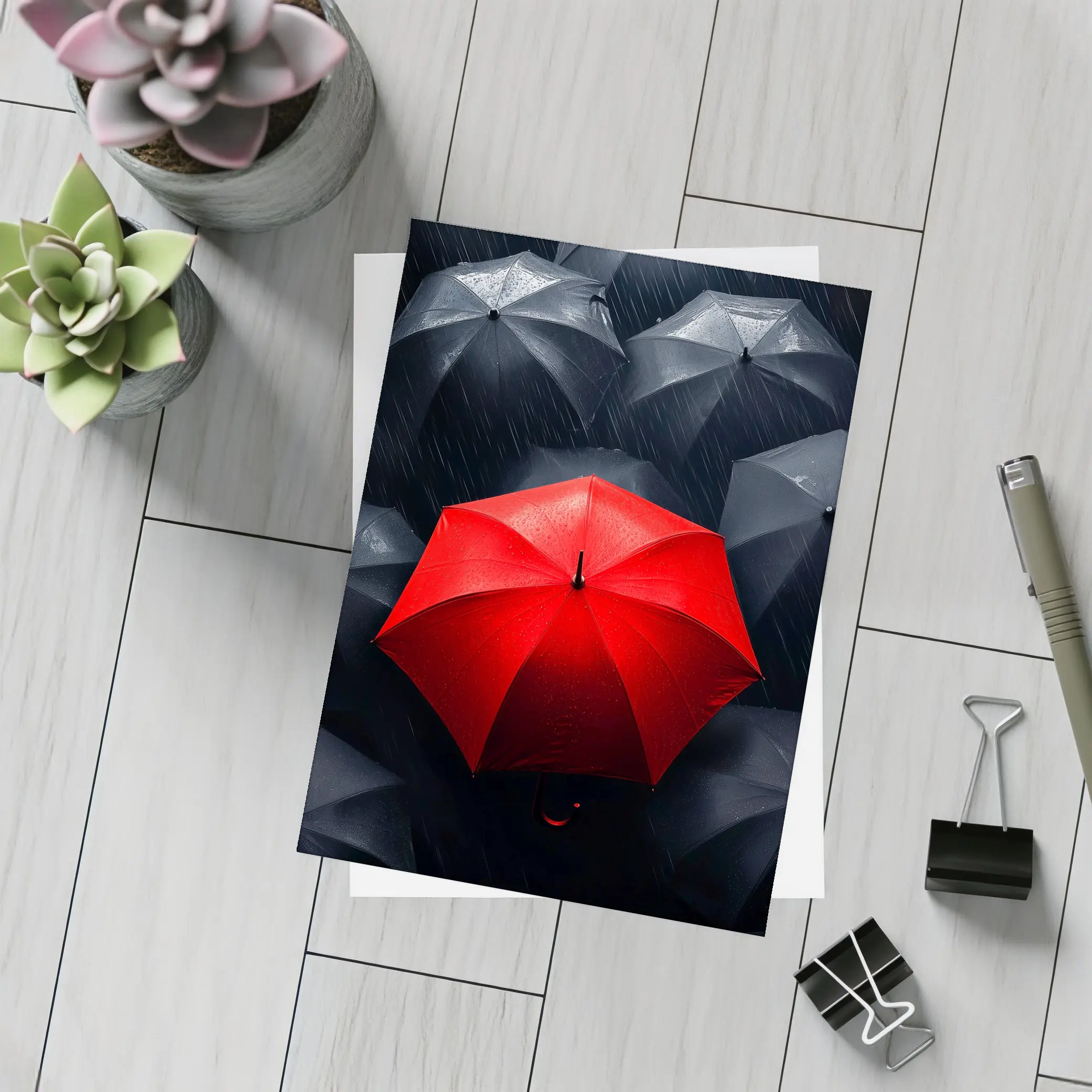 Red Umbrella Standing Out Among Black Umbrellas – Postcards