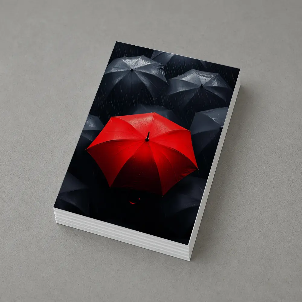 Red Umbrella Standing Out Among Black Umbrellas – Postcards