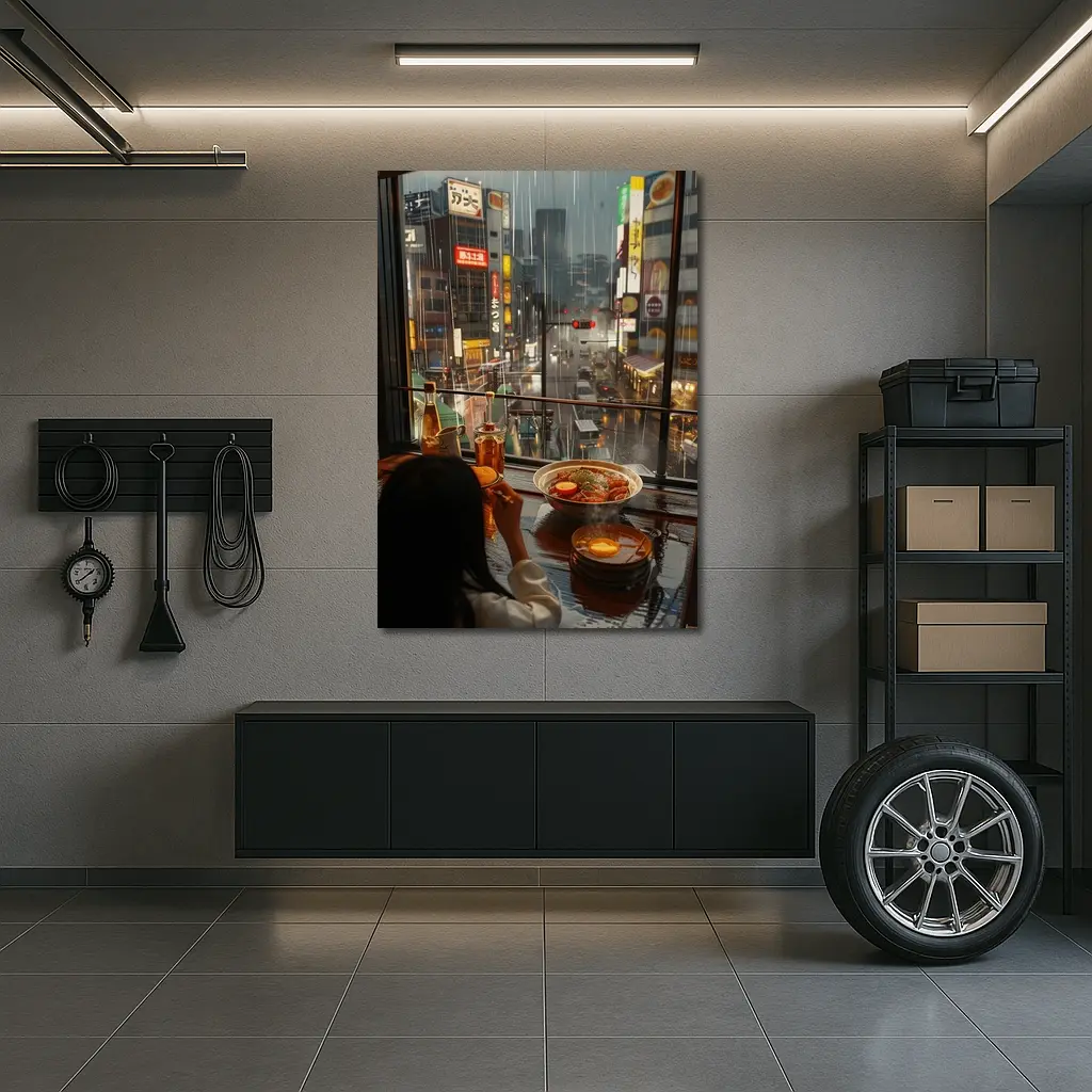 Woman Eating Ramen Rainy Tokyo Street – Wall Art