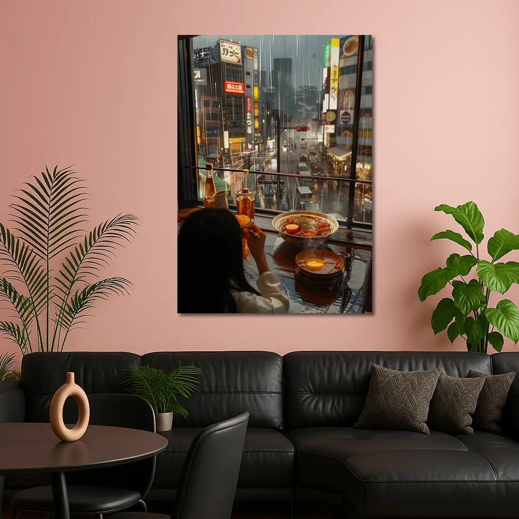 Woman Eating Ramen Rainy Tokyo Street – Wall Art