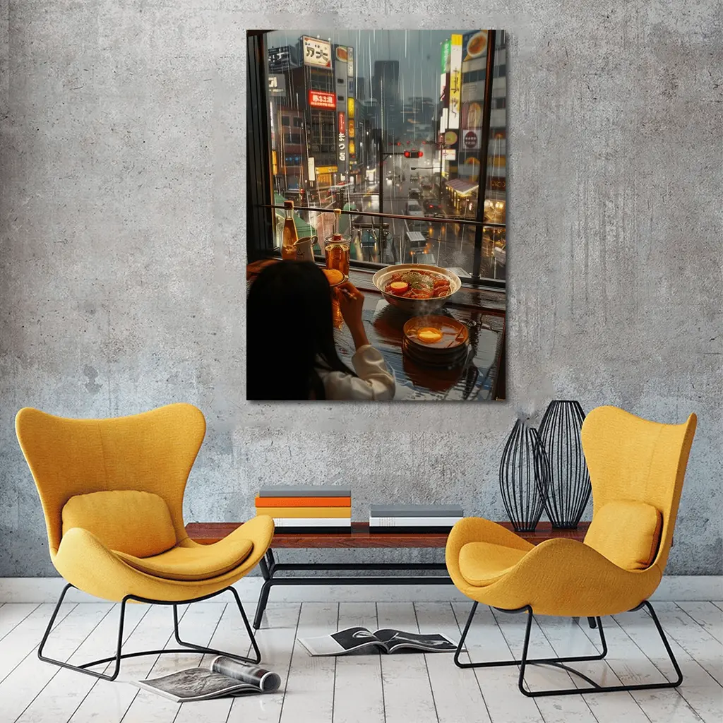 Woman Eating Ramen Rainy Tokyo Street – Wall Art