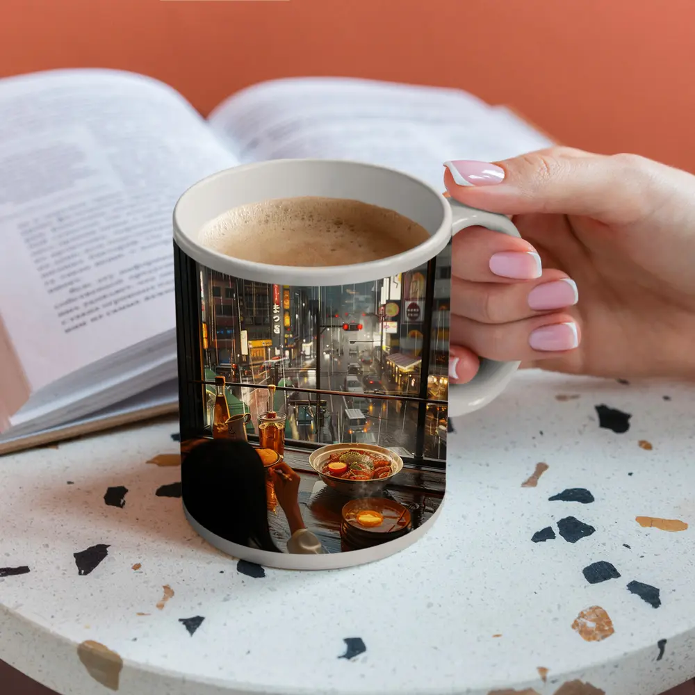 Woman Eating Ramen Rainy Tokyo Street – Mugs