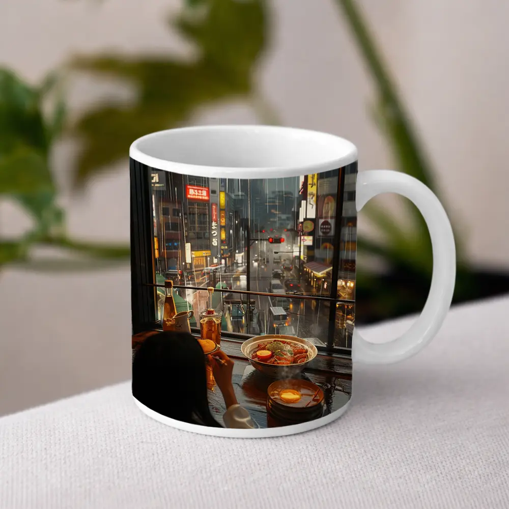 Woman Eating Ramen Rainy Tokyo Street – Mugs