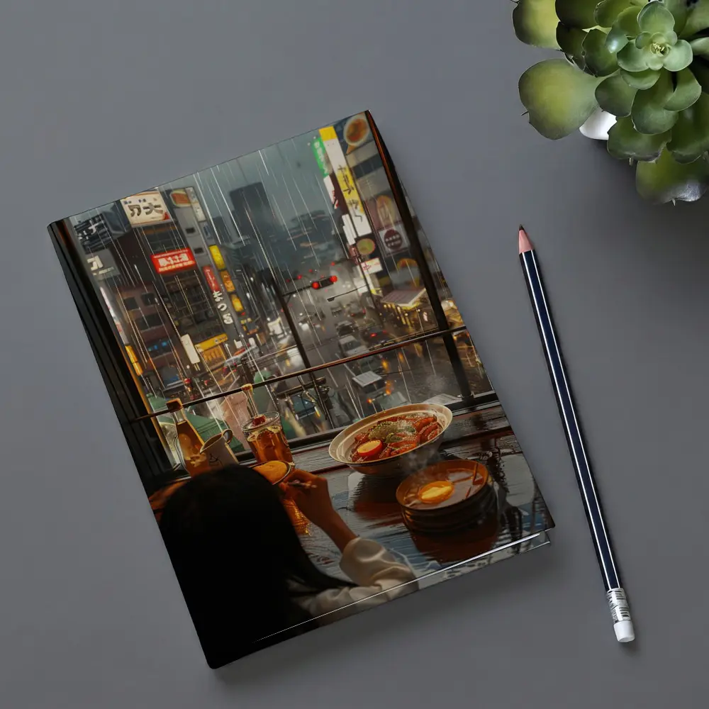 Woman Eating Ramen Rainy Tokyo Street – Notebooks